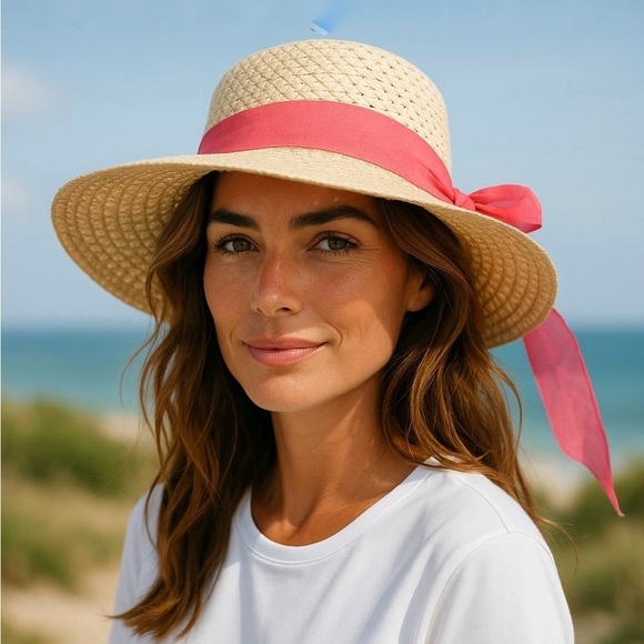 Dolgan Corp Accessories - Straw Sun Beach Hat with Wide Brim Boho Chic Pink Coral Ribbon Bow Women OS